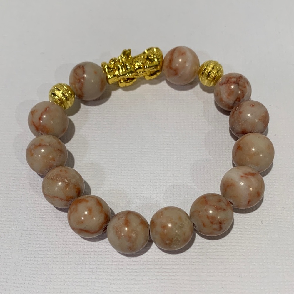 HANDMADE Natural Stone Beaded Bracelet w Gold Accents and 24K Gold Plated Pixiu